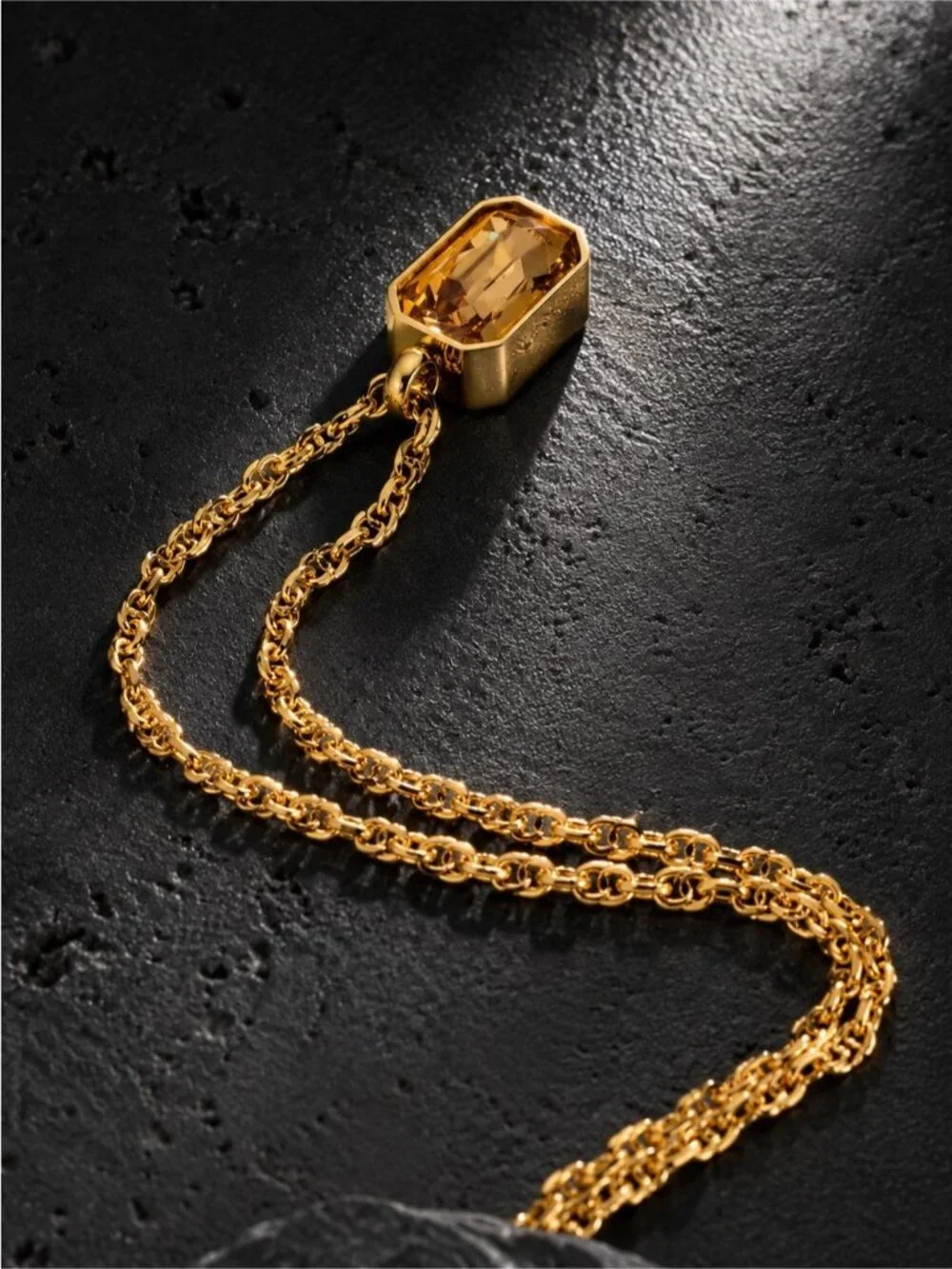 18K Gold plated Chain Necklace with Amber-Tone Faceted Pendant